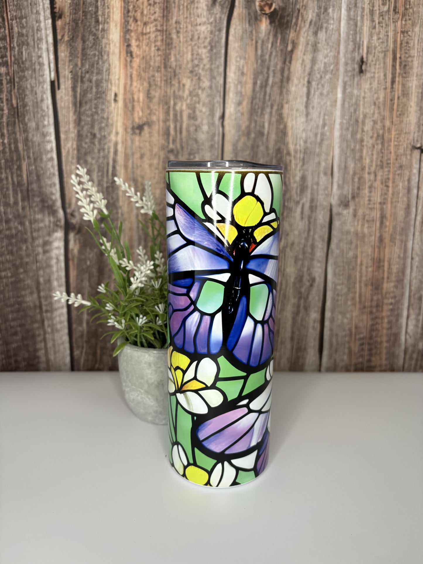 Stain glass Butterfly glow in the dark tumbler