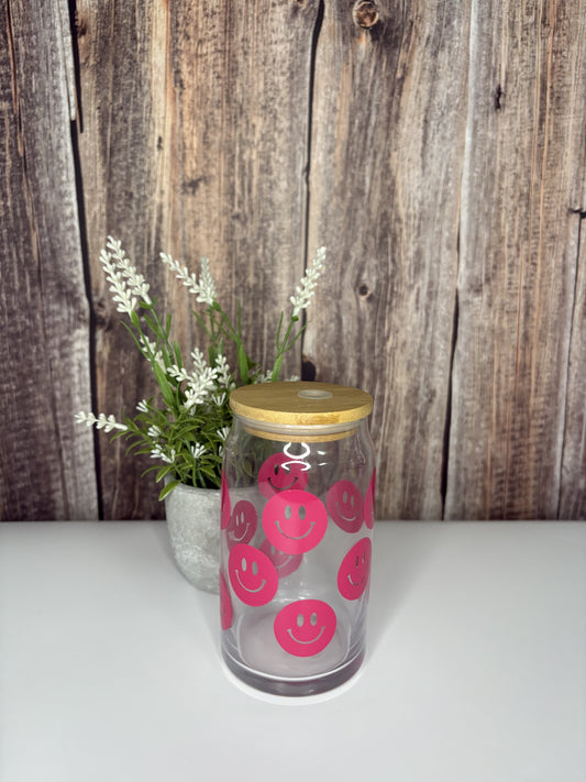 Pink Smiley Face Glass Cup